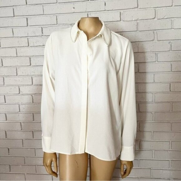 Zara NWT Pearl Lapel Crepe Shirt – Size L | Elegant Statement Blouse - Picture 1 of 11